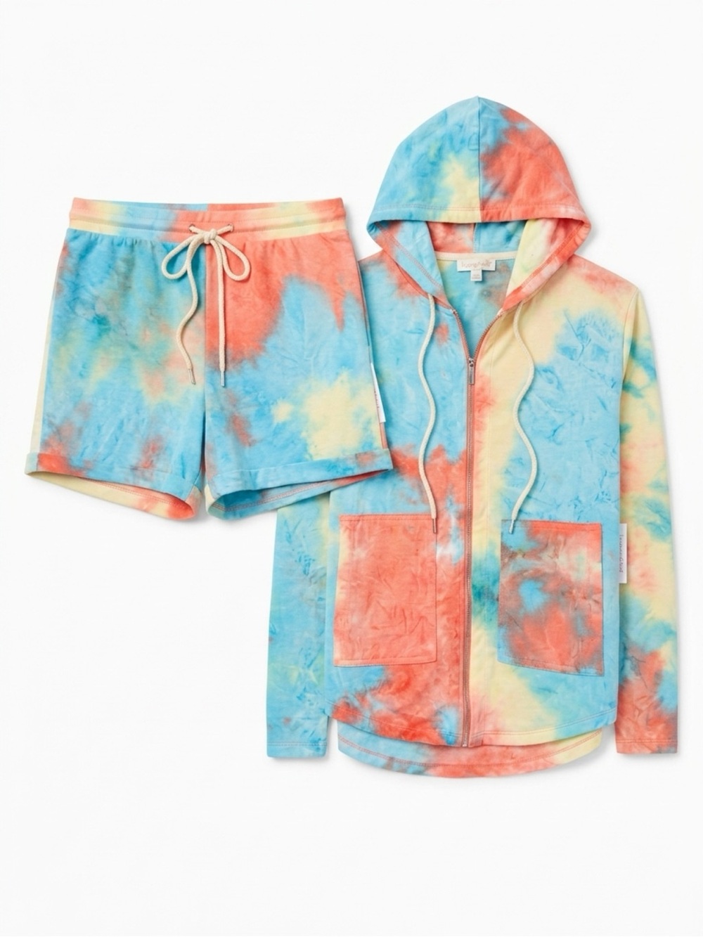 NWT Rose Velvet Coral Tie-Dye Lounge Set Hoodie & Shorts | Matching 2-Piece Set